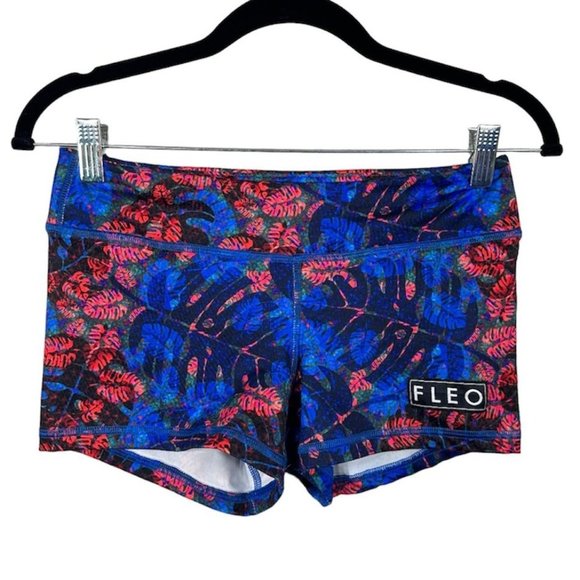 FLEO Red & Blue Tropical Leaf Print Workout Shorts - Picture 2 of 7